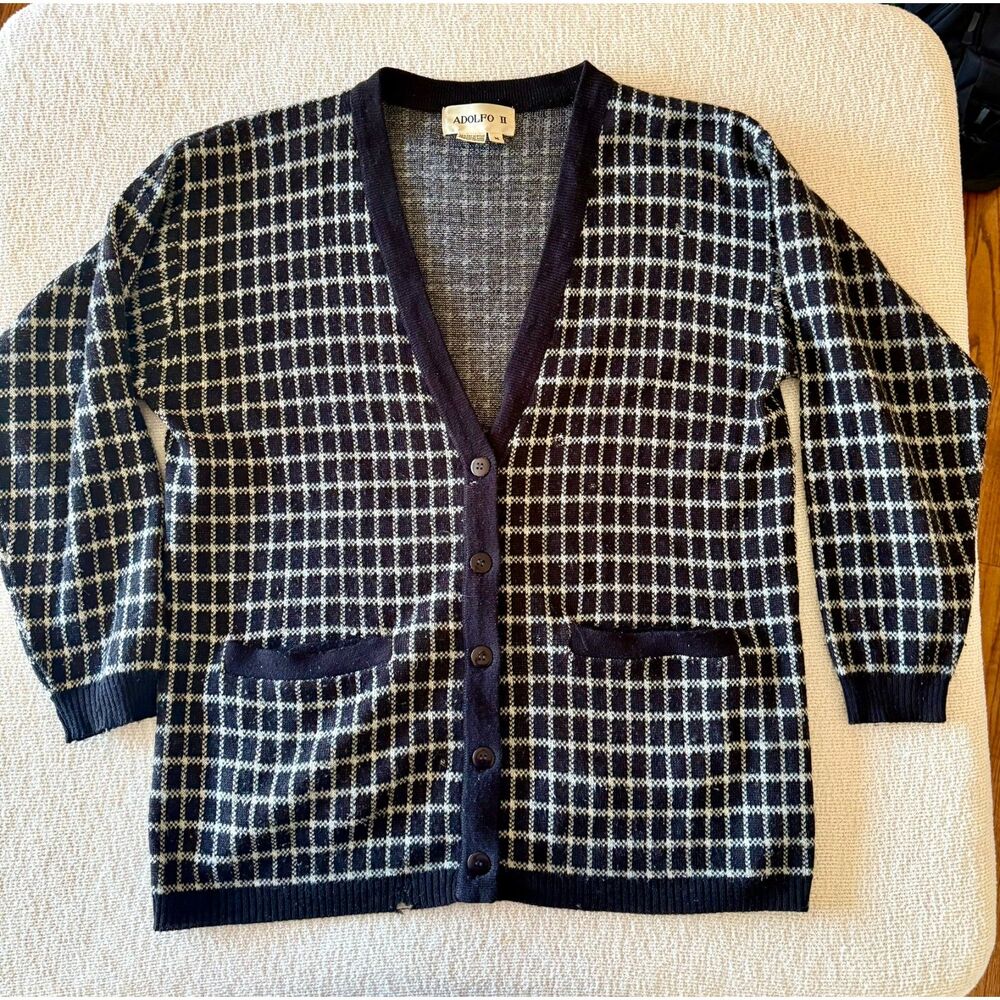 Vintage Adolfo II Plaid Cardigan Sweater Mens Medium Wool Blend Grandpacore